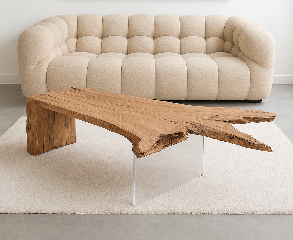 Table basse racine tronc d'arbre verre