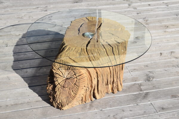 Table basse tronc d'arbre verre