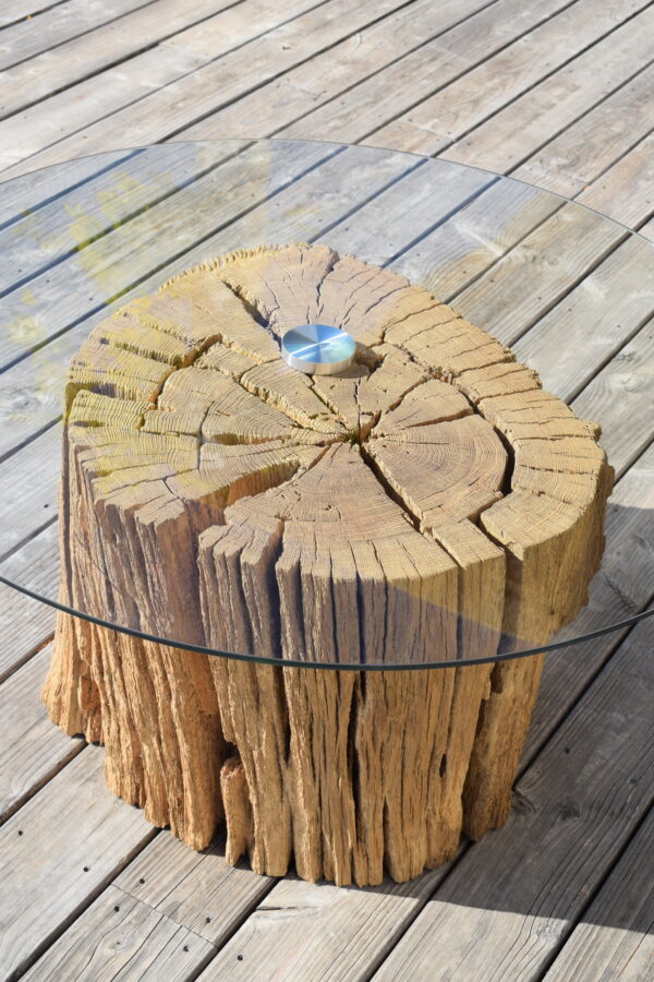 Table basse tronc d'arbre verre