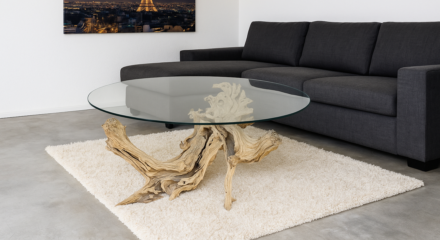 Table basse racine tronc d'arbre Olivier de Provence verre