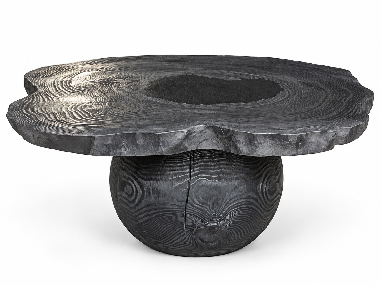 table basse tronc d'arbre bois brulé